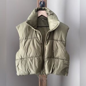 Women's Cropped Army Green Zip Up Puffer Vest Stand Collar Drawstring Hem XL EUC